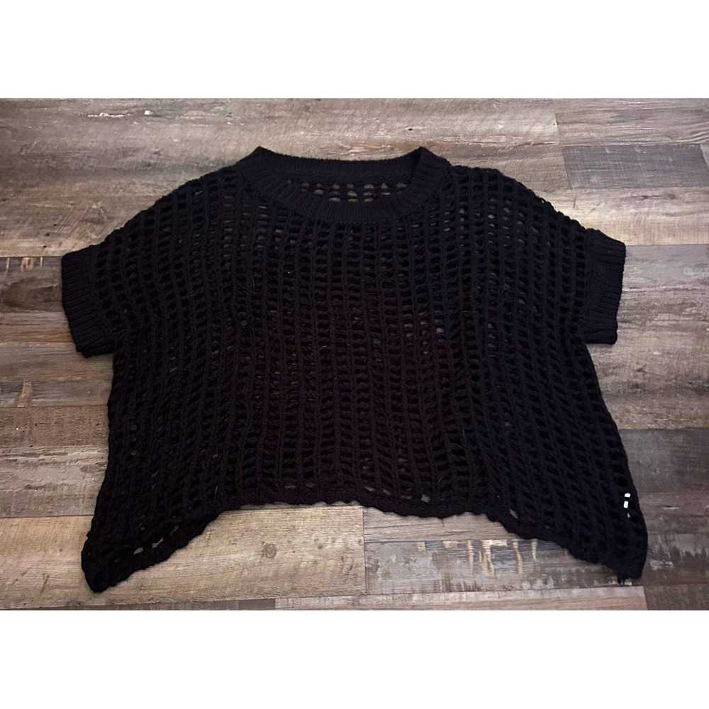 Black Open Knit Crochet Pullover Sweater Top Crew Neck Short Sleeve Women L